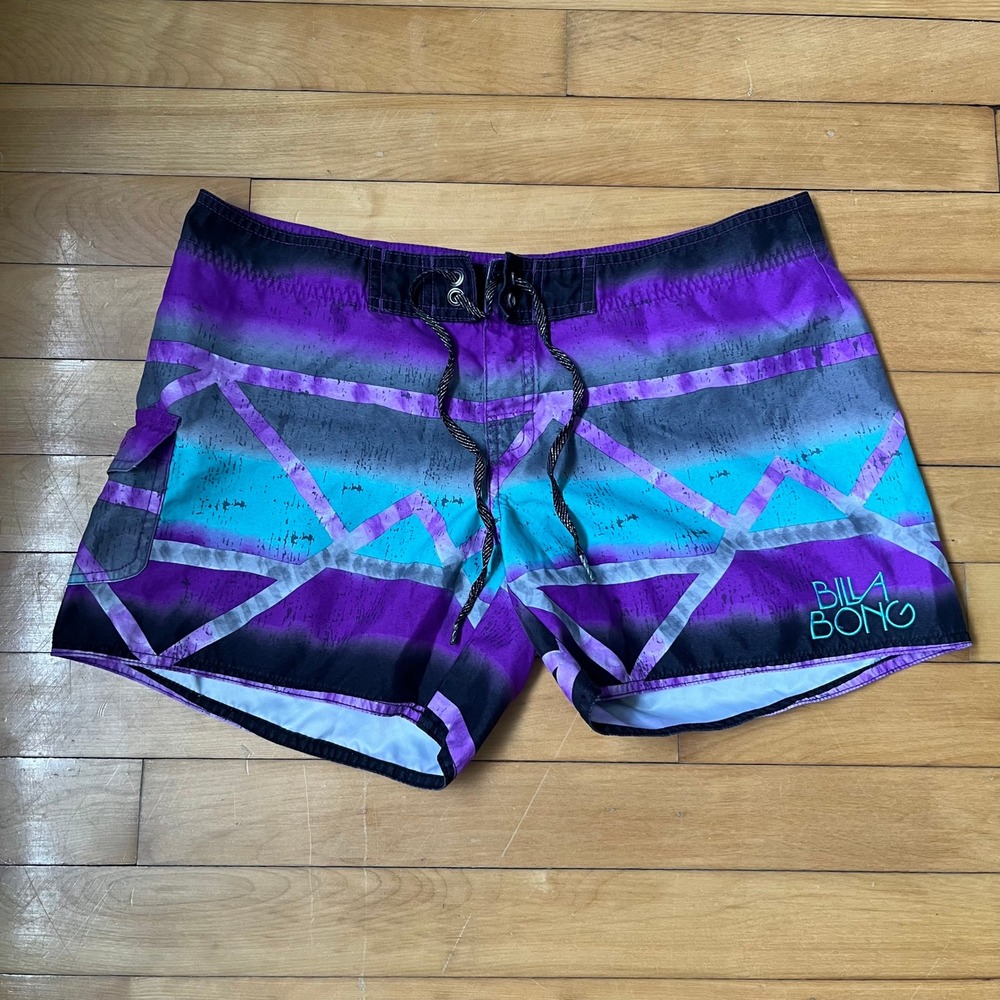 Billabong Womens Board Shorts Purple Teal Geometric Striped Size 9